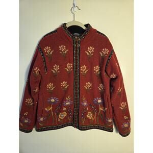Icelandic Design Norwear Wool Zip Cardigan Womens S Red Embroidered Flowers